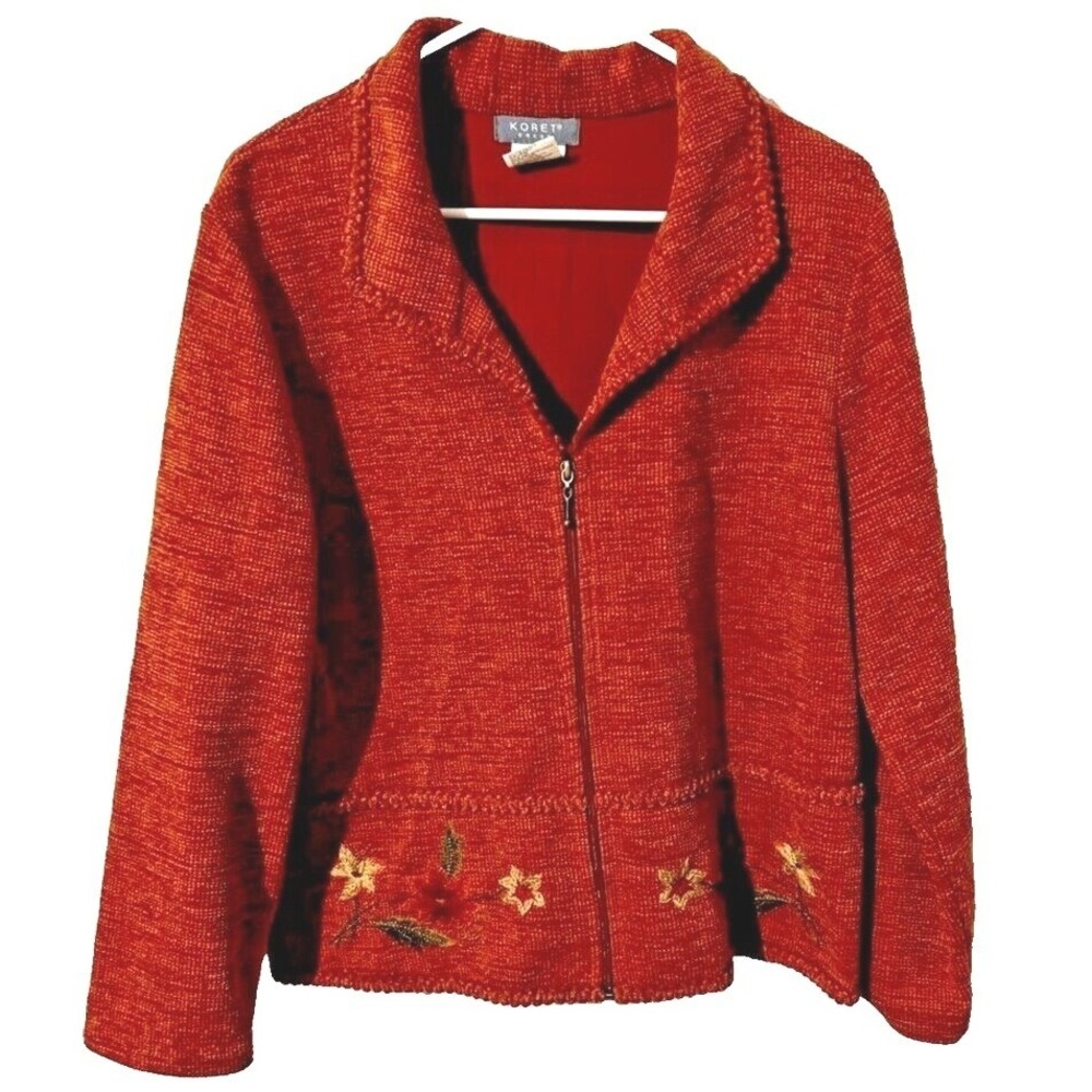 Koret Dress Jacket Large Embroidered Full Zip Textured Rust Orange Floral L